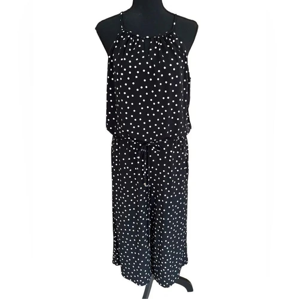 London Times black/ white polka dot spaghetti halter strap midi jumpsuit size 12